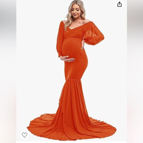 Off Shoulder Maternity Dress Elegant Fit V Neck Chiffon Long Gown Photography - Picture 3 of 12